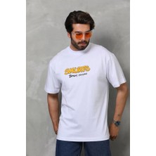 ModaSize Unisex Bisiklet Yaka Baskılı Oversize T-Shirt - Beyaz