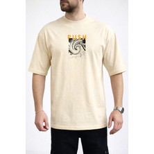 Caddekombin Erkek Vortex Desenli Push Yazı Baskılı Bisiklet Yaka Bej T-Shirt