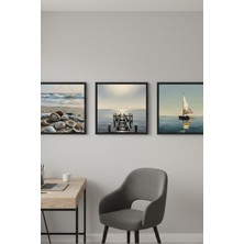 Safir Design Lüks Mavi ve Beyaz Yelkenli ve Tekne 3lü Tablo Seti| Modern Çerçeveli Tablo