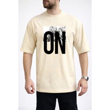 Caddekombin Erkek Doğa Temalı On Yazı Baskılı Bisiklet Yaka Bej T-Shirt