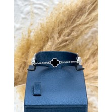 Livora Jewelry 925 Ayar Gümüş Siyah Onix Taşlı Yonca Kadın Bileklik – Günlük Kullanım