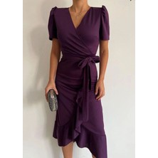 Kruvaze Yaka Midi Boy Kuşaklı Krep Elbise