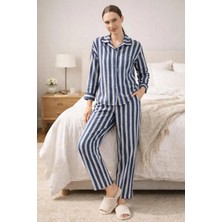 Godewo Gömlek Yaka Pamuklu Çizgili Kadın Pijama Takımı K405096