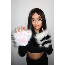 Stone Family Siyah Beyaz Patili Peluş Eldiven - Kedi Pençesi Tasarımlı Yumuşak Yarım Parmak Eldiven