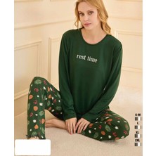 Bursa Pijama Kadın Uzun Kol Bisiklet Yaka Desenli Pijama Takımı