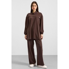 Olcay Metal Aksesuarlı Premium Kumaş Sweat Pantolon Takım Kahve 9404-TK