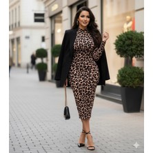 Kadın Uzun Kollu Balıkçı Yaka Leopar Desenli Midi Boy Elbise