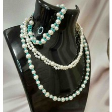 Shine Elagance Krem Rengi Inci Aralar Turkuaz Parlak Cam Boncuk Kapamaları Gümüş Rengi Çelik Kolye Bileklik 3'lü Kadın Set