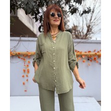 Denizege Butik Müslin Hakim Yaka Gömlek Haki
