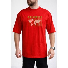 Caddekombin Erkek Yeşil Çizgili Dünya Haritası Baskılı Bisiklet Yaka Kırmızı T-Shirt
