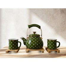 Retro Emaye Çaydanlık ve Kupa Takımı – 6 Parça Puantiyeli Set Yeşil