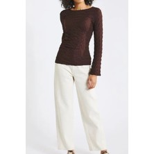 Lupinn Kadın Kahverengi Bisiklet Yaka Slim Fit Dokulu Drapeli Basic Uzun Kollu Bluz - Kadın Bluz