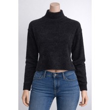 Lara Giyim Kadın Crop Kazak Sakallı Rahat Örme Kazak Triko Kazak Siyah