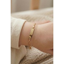 Fiyonk Kuyumculuk 14 Ayar Altın Oval Ataç Zincirli Dikdörtgen Plaka Bebek Çocuk Künyesi