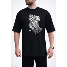 Caddekombin Erkek Vortex Desenli Push Yazı Baskılı Bisiklet Yaka Siyah T-Shirt