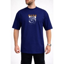 Caddekombin Erkek Vortex Desenli Push Yazı Baskılı Bisiklet Yaka Lacivert T-Shirt
