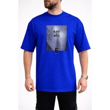 Caddekombin Erkek Black & Whıte Yazı Baskılı Bisiklet Yaka Saks Mavi T-Shirt