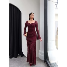 Esra Helvacı Bel Büzgü Dökümlü Güpür Elbise