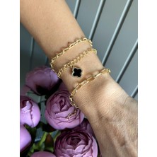 Ekonomik Sepeti 3'lü Siyah Yonca Desenli Gold Renkli Set Bileklik