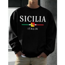 Sicilia Italya Bayrağı Baskılı Kazak Adam O-Boyun Yumuşak Gevşek Sokak Şıklığı Rahat Polar Ho