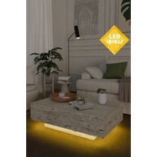 Estoria Home Terra LED Işıklı Traverten Desen Dikdörtgen Orta Sehpa Uçan Yeni Nesil Modern Küp Sehpa 90X60
