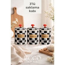 Ucco 3'lü Çay Şeker Kahve Erzak Saklama Kabı 1,5 Litre Damalı Çiçekli Siyah Beyaz Baharatlık Sunumluk