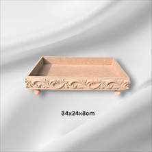 Sekay Ahşap Ham Ahşap Boyanabilir Kabartmalı Çiçek Desenli Ayaklı Orta Boy Dekoratif Dikdörtgen Sunumluk Tepsi