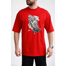 Caddekombin Erkek Dövmeli El ve Dolar Fotoğraf Baskılı Bisiklet Yaka Kırmızı T-Shirt