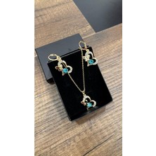 Ekonomik Sepeti Mavi Kalp Desenli Gold Renkli Zirkon Taşlı Kolye-Küpe Set