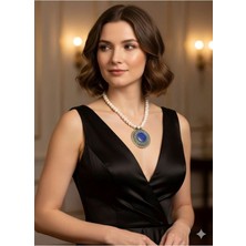 Eski Yeni Antik Gümüş Ayrıntılı Lapis Taşlı Inci Kolye