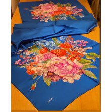 Vavelli Büyük Gül Desen Mavi Twill Ipek Şal