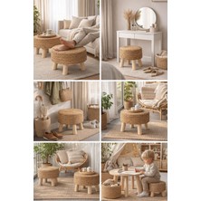 CNRWOOD 3'lü Doğal Hasır Puf – El Yapımı-Dekoratif Masif Ahşap Oturma Tabure – Salon & Balkon Uyumlu