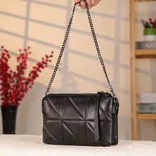 Siyah Zincir Askılı Deri Çanta - 40396 , Hakiki Deri , Modern Çanta , Bayan Çanta