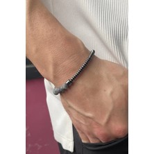 Stone Family Antrasit Doğal Taşlı ve Metalik Diskli Erkek Bileklik - Saat Yanı Kombin