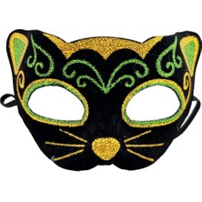 NW NessiWorld Siyah Kadife Kaplama Üzeri Sarı Yeşil Sim Işlemeli Kedi Maskesi 20X13 cm