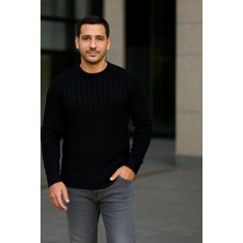 Lara Giyim Erkek Yuvarlak Yaka Kazak Rahat Tam Kalıp Sıfır Saka Fitilli Siyah