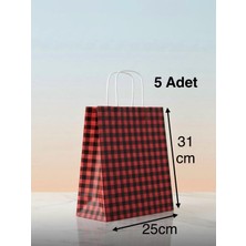 e ERTA Kırmızı/siyah Ekose Kraft Çanta 25X31 cm -5 Adet- Hediye Poşeti , Hediye Paketi Kraft Kağıt Çanta