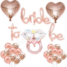 Braventa Collection Patladı Gitti Bride To Be El Yazısı, Tek Taş Yüzük ve Kalp Folyo Balonlu Rose Gold Set