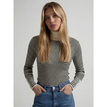 Poupee Kadın Boğazlı Çizgili Triko Kazak Likralı Dar Kesim Fit