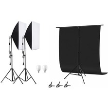AZT Ürün Reklam Stüdyo Video Fotograf Softboxlı LED 130W Işık Seti 150X200CM Siyah Fon Perde ve Tutucu