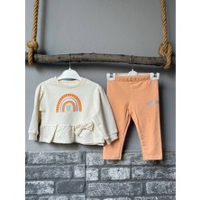 Linoş Kids Kız Bebek Origanik Pamuklu Gökkuşağı Desenli Alt Üst Takım Fırfır Detaylı Pamuklu Takım