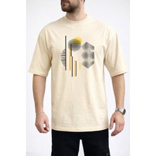 Caddekombin Erkek Geometrik Kavisli Çizgi Baskılı Bisiklet Yaka Bej T-Shirt