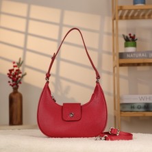 Kırmızı Renk / Oval Stil Deri Çanta - 40420 , Orijinal Deri , Omuz Askılı Çanta , Bayan Çanta