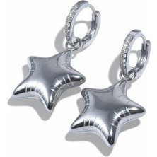 Cesicey Zirkon Taşı Detaylı Yıldız Çelik Küpe Gümüş Renk