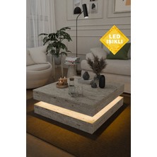 Estoria Home Terra LED Işıklı Traverten Desen Kare Orta Sehpa Modern Tasarım 2 Katlı Orta Sehpa Dekoratif  Sehpa