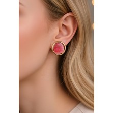 Sassy Takı Pembe Simli Sedefli Taşlı Gold Küpe