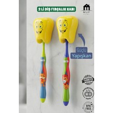 Muf Home 2'li Gülen Diş Figürlü Yapışkanlı Diş Fırçası Kabı - Duvar Tipi Hijyenik Banyo Düzenleyici & Koruyucu Organizer