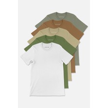 Stoykis Erkek Haki Kahverengi Toprak Yeşil Beyaz %100 Pamuklu 5 Li T-Shirt Paketi Regular Fit
