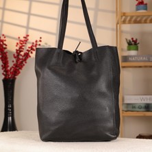 Aksesuarlia Siyah Renk Tote Stil Deri Çanta - 40369 , Hakiki Deri , Iç Cepli