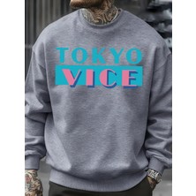 Tokyo Vice Büyük Harfli Baskılı Sweatshirt Erkek Polar Bol Moda Sokak Giyim O-Yaka Sonbahar K